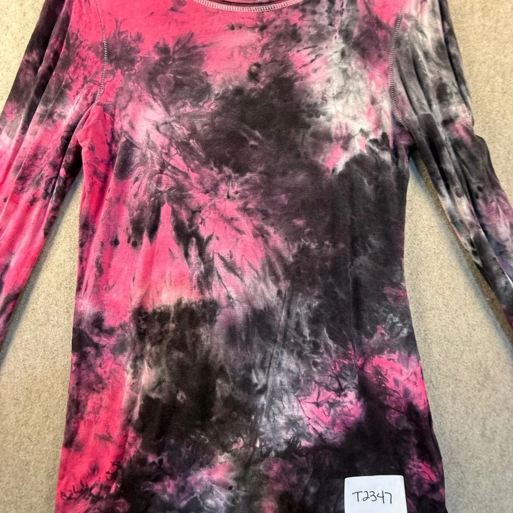 Alo Yoga Pink Black Tie Dye Long Sleeve Scoop Neck Activewear Top Medium